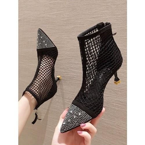 Womens shoes short boots 2020 autumn new breathable temperament mesh rhinestone shiny back zip stiletto heels