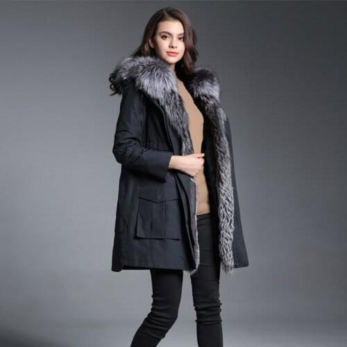 2020 Real Coat Female Natural Rabbit Parka Winter Jacket Women Fox Fur Collar Long Jackets Warm Overcoat MY4109
