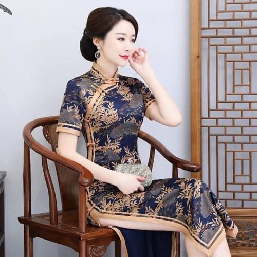 Elegant Spring Summer Long Dress Womens Printed Casual Short Sleeve Chinese Style Female High Waist Robe Femme Plus Size M-4XL