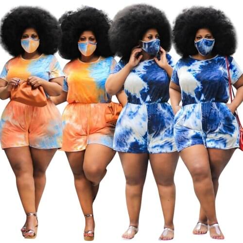 2021 Fashion Plus Size Casual Women Tie Dye Jumpsuits XL-4XL Lady Short Sleeve High Waist Bodycon Shorts One Piece Set Clothing