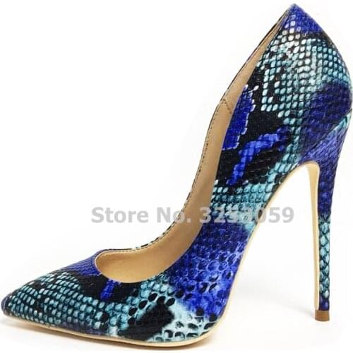ALMUDENA Hot Selling Blue Red Grey Snakeskin Pattern Printed Pumps Pointed Toe Stiletto Heels Nightclub Dress Shoes 12cm Python