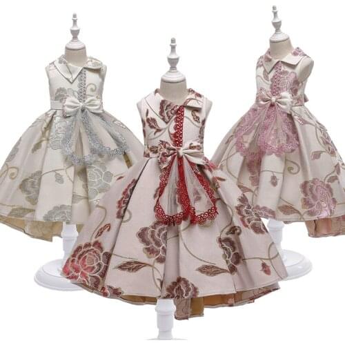 Girls Satin Embroidered Dress Beaded Tuxedo Dress Children Girls Wedding Birthday Party Frocks Kids Lace First Communion Vestido