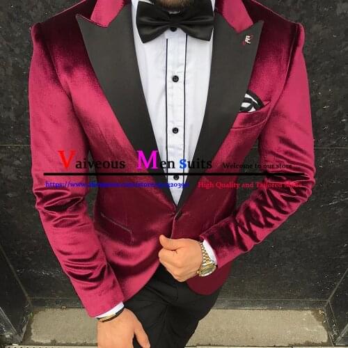 Formal One Button Wine Velvet Groom Tuxedos Shawl Lapel Groomsmen Men Blazers Suits (Jacket+Pants) Slim Fit Male Party Dress