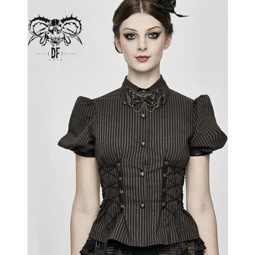 Devil Fashion Women Steampunk Shirt Punk Puff Sleeve Lace-up Slim Fit Party Summer Blouses Top