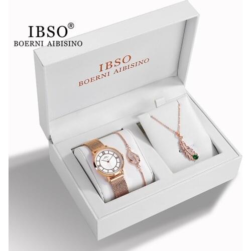 IBSO Watch for Women 1 Set Bracelet Japan Quartz Movement Simple Waterproof Rose Gold Leaf Start Stainless Steel Mesh Lady watch