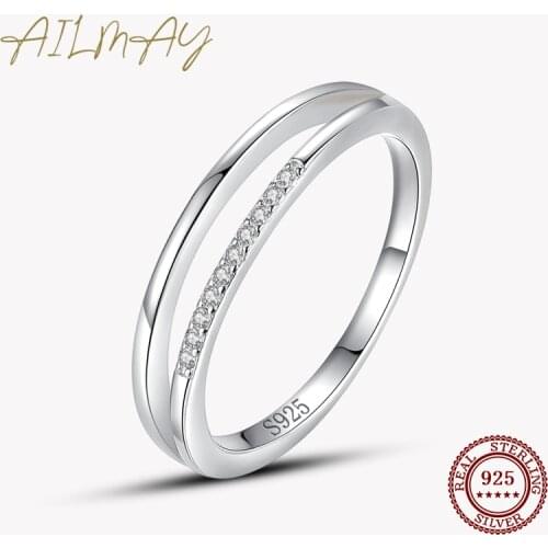 Ailmay New Arrival Real 925 Sterling Silver Simple Line CZ Finger Ring For Women Girl Dazzling Statement Hypoallergenic Jewelry