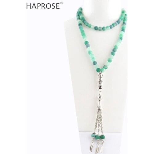 100% Natural weathering agate green tasbin Prayer Islamic Muslim tasbih Allah Rosary green agate 99 beads necklace 6-10mm