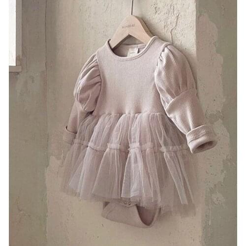 2021 Korean Style Spring Newborn Infant Baby Girls Romper Long Sleeve Princess Mesh Dress Birthday Cotton Babywear 3 Colours