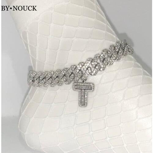 Iced Out Crystal Baguette 26 Initials Cuban Anklets For women DIY A-Z Alphabet Thick Chunky Cuban Link Ankle Chain Hiphop Jewely