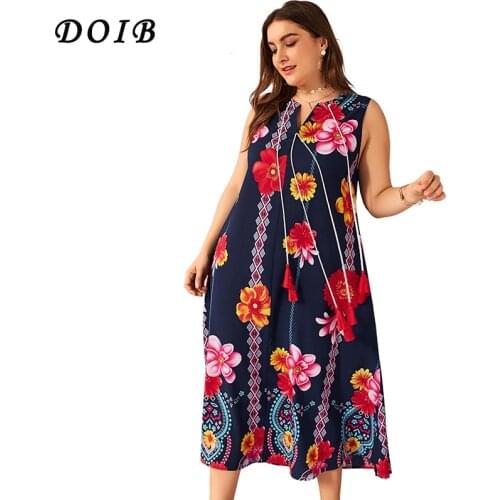 DOIB Plus Size Floral Print Dresses Round Neck Sleeveless Pocket Coton Summer Dress XL 2XL 3XL 4XL