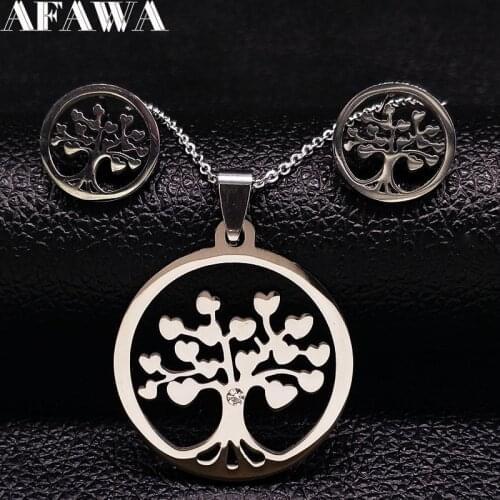 2021 Fashion Tree of Life Stainless Steel Jewelry Set for Women Necklace and Earrings Silver Color Set Jewelry conjunto S178307