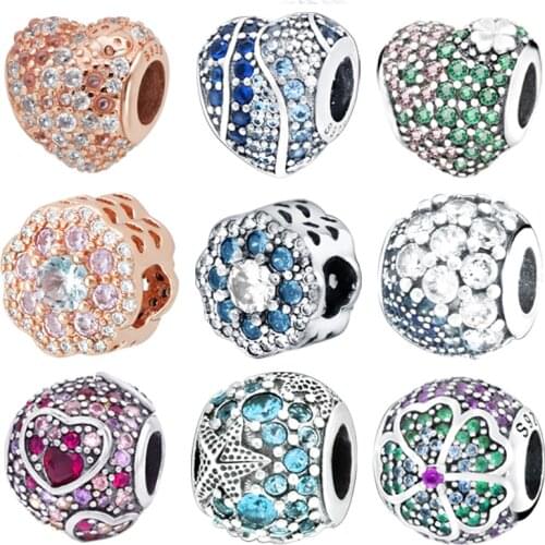 Fashion 925 Sterling Silver Rose Pink Sparkling Flower Beads Charm Fit Original Pandora Charms Bracelets Women DIY Jewelry Gift