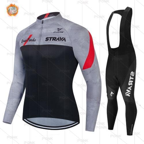 Mens Pro Team Warm STRAVA Jacket Set Winter Cycling Clothing Long Sleeve Jersey MTB Clothes Thermal Fleece Ropa Ciclismo