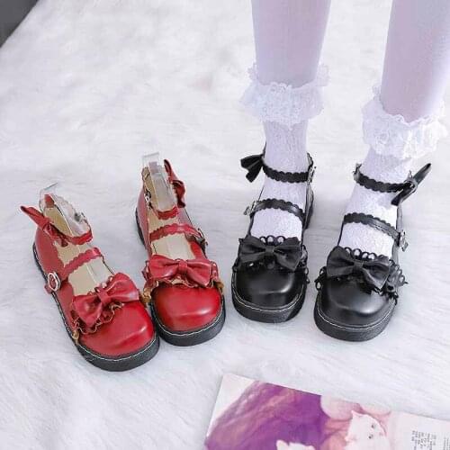 Lolita shoes women bow womens shoes heel round head women shoes comfortable kawaii girl loli cosplay shoes detachable shoestrap