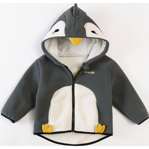 Jacket for Boys Autumn New Plus Velvet Warm Cartoon Penguin Hoodied Zipper Coat for Girls Clothes Newborn Infant Kids Outerwear