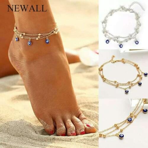 Beach Elegant Women Turkish Blue Eye Pendant Beach Double Layer Chain Anklet Leaves Blue Eye Pendant Charm Foot Jewelry