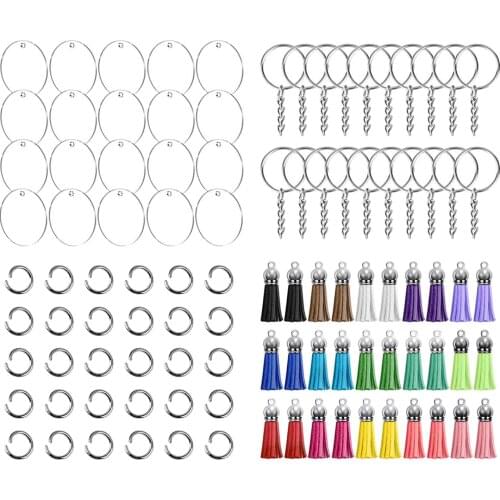 110x Clear Acrylic Circle Discs Keychain Blanks Tassel Pendant Key Ring DIY
