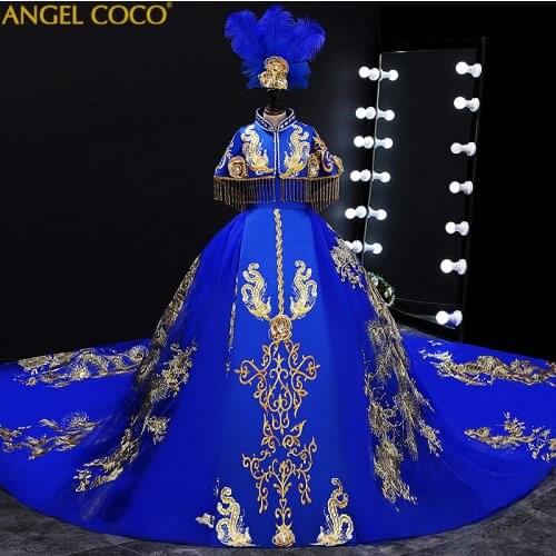 Detachable shawl tail Royal Luxury Girls Dress Pageant Dresses For Children Princess Party Dress Kids Birthday Wedding Prom Gown