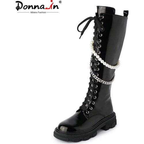Donna-in 2021 Autumn Women Knee-High Boots Pearl Chain Patent Genuine Leather Ladies Knight Boots Lace-up Platform Prom Shoes