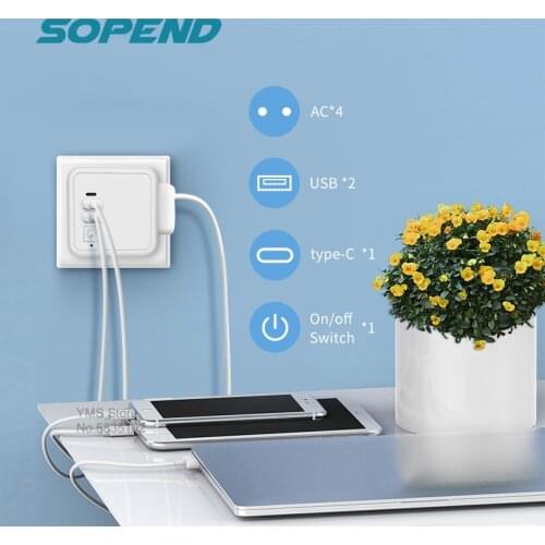 Sopend USB Power Strip European Plug with Switch Usb-C Electric Socket Tee Powercube Strips Smart Outlets Extension Adapter Gray