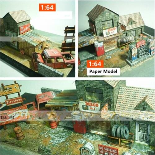 1:64 Scale Handmade Old Abandoned Gas Station Model Paper Garage Model for Sand Table Model