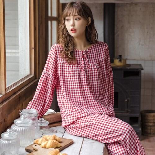 Spring And Autumn New Womens Pajamas Plaid Long Sleeve Pants Set Round Neck Cotton Pyjamas