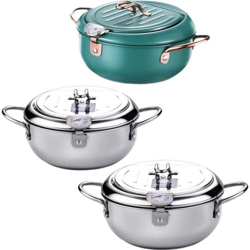 Japanese Deep Frying Pot with Thermometer and Lid 304 Stainless Steel Kitchen Tempura Fryer Pan 20 24 cm Cookware