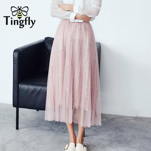 Tingfly Jupe Femme Summer Elastic High Waist Mesh Midi Skirts Women Lace Beading Slim Vintage Pleated Skirt Saia