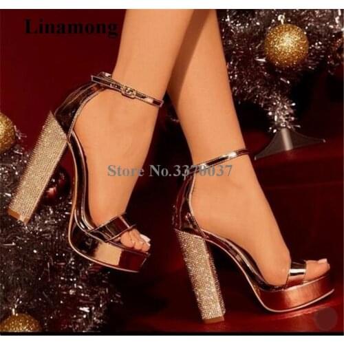 Women New Fashion Open Toe One Strap High Platform Chunky Rhinestone Heel Sandals Ankle Strap Crystal High Heel Sandals