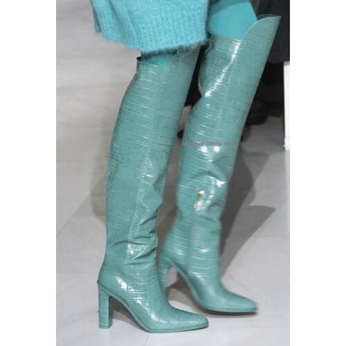 Alligator Pattern Printed Women Chunky Heeled Over The Knee Turquoise Solid Color Boots Pointed Toe Thigh High Slouch Shoes