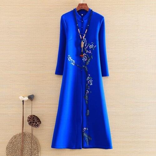 Embro Mill autumn & winter Women floral trench coat Chinese Style Retro Hand painted plum elegant lady coat female M-2XL