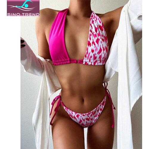 Tie Side Splicing Bikini Set Halter Lace up Women Swimwear Triangle 4 Color Two-pieces Patchwork Bathing Suit Swim