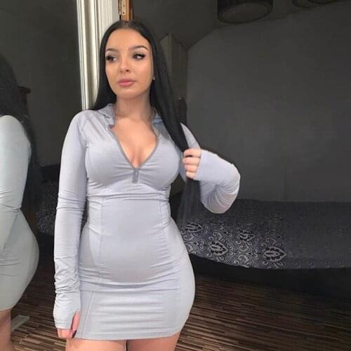 Casaul Women Mini Dress Front Zipper Full Sleeve Bodycon Party Night Dresses Autumn Clothes For Women Outfit