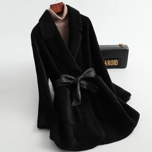 Black Women Wool Coat Middle Length Slim Full Sleeves Turn-down Collar Pockets Sashes Office Lady Overcoat Winter Jackets Female