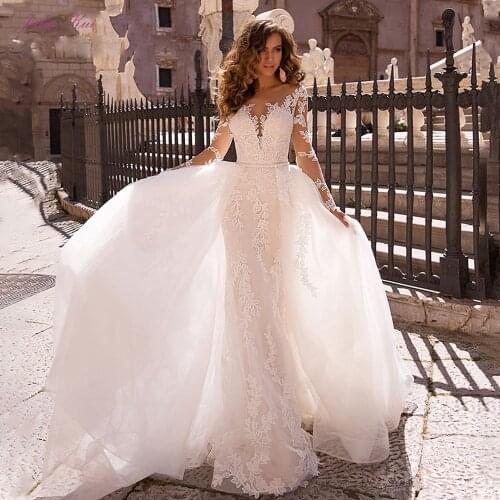 Julia Kui Elegant Mermaid Wedding Dresses 2 In 1 With A Detachable Skirt Of Long Sleeve Bridal Dress