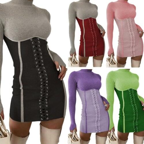 Sexy Knit Bodycon Bandage Mini Dress Women Patchwork Autumn Winter Turtleneck Sweater Dresses Long Sleeve Slim Party Clubwear