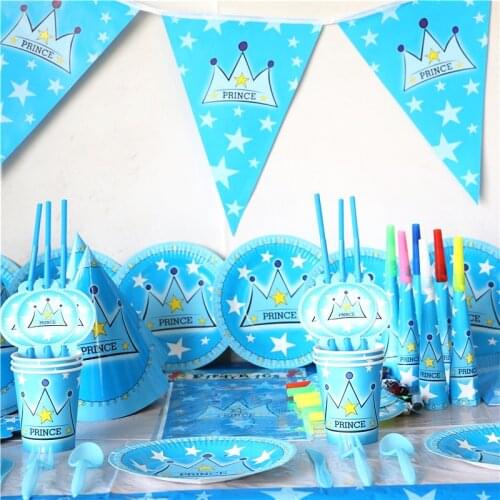 65Pcs Kids Boys Baby Crown Prince Theme Cartoon Birthday Decorative Party Event Supplies Favor Items For Children 10 People
