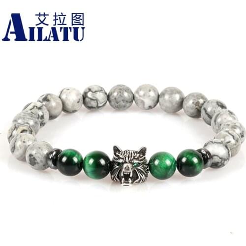 Ailatu New Beaded Bracelet Jewelry Made of Cz Wolf Head Charm,8mm Grey Picture Stone and Green Tigers Eye Stone Beads
