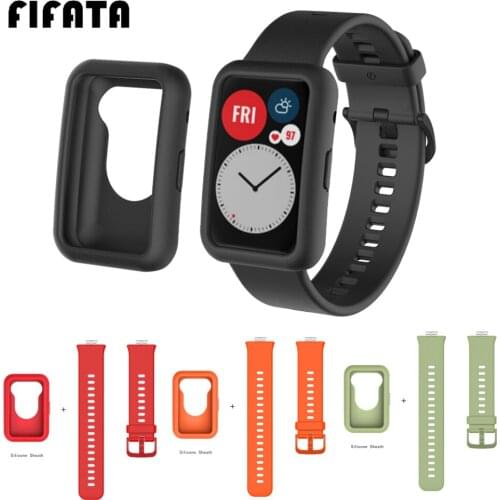 FIFATA For Huawei Watch Fit Case+Watch Strap Sports Silicone Band Protective Cover Shell + Bracelet 2in1 For Huawei Watch Fit