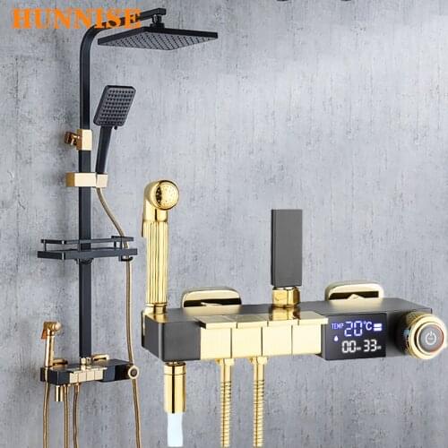 Black Gold Piano Bathroom Shower System Rainfall Shower Head Quality Brass Waterfall Bathroom Faucets Piano Digital Shower Set