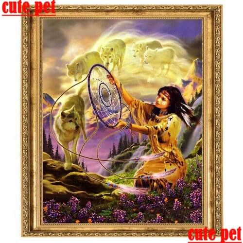 Indian girl and wolf Diamond painting animal DIY crossstitch diamond embroidery masonry painting full diamond wallpaper