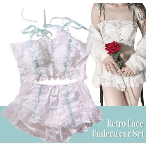 Lolita Retro Lace Front Buckle Flower Bra Set Underwear Romantic Bow Girl Lolita Lingerie French Vintage Lace Bra &Panties Set