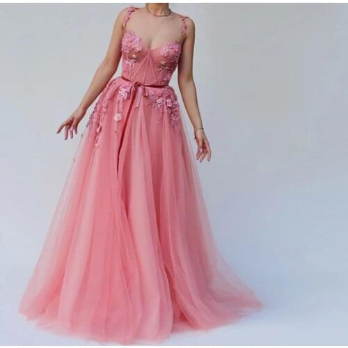 Beautiful Pink Prom Dresses 3d Flowers A Line Spaghetti Straps Tulle Evening Gowns Dubai Party Graduation Dresses with Sash