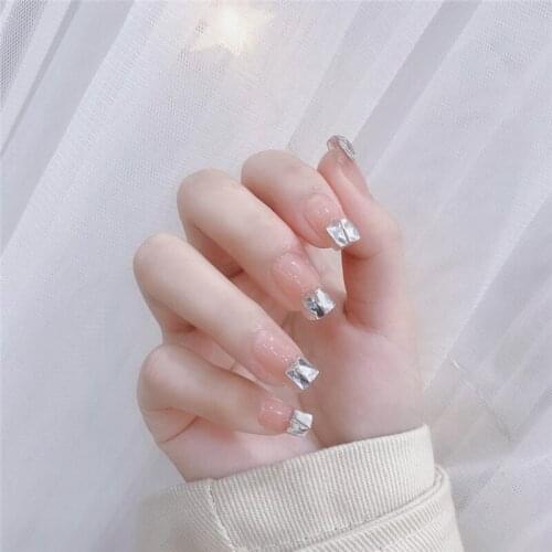 Beautiful pure color with trapezoid diamond decoration 3d fake nails French lady full nail tips bride decorated false nails