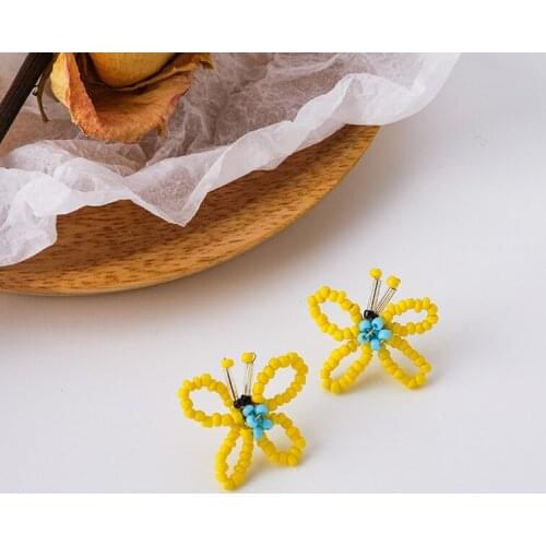 Origin Summer Korean Fashion Handmade Braided Yellow Beaded Butterfly Dangle Earring for Women Hollow Contrasted Earring Jewelry