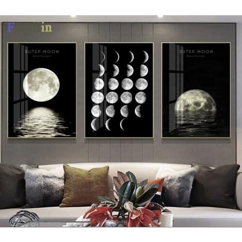 Minimalist Full Moon Poster Art Black White Moon Phases Prints Solar System Canvas Picture Painting Decoration for Living Room