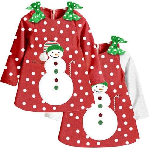 Girls Dress Long-sleeve Dress Children Clothing Shoulders Bowknot Polka Dot Cute Snowman Cotton Clothes Autumn Spring Play Mats