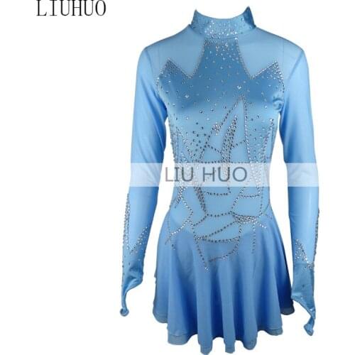 LIUHUO Figure Skating Dress Womens Girls' Ice Performance Rhythmic Gymnastics Competition Leotard Roller Kid Ballet Skyblue