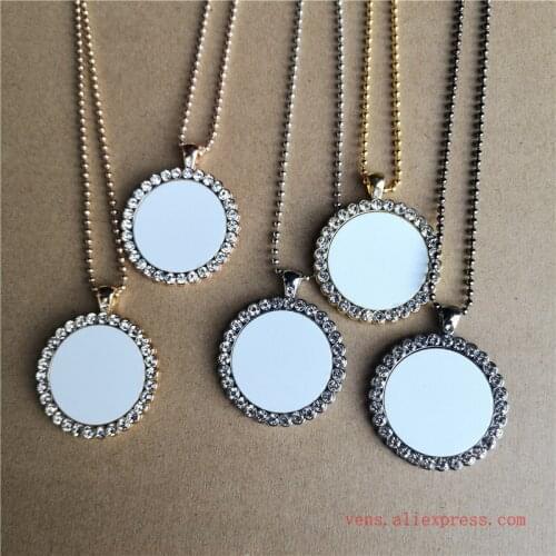 Sublimation blank necklaces pendants with drill round shape necklace pendant hot transfer printing consumable 15pcs/lot