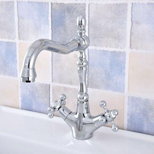 Polished Chrome Brass Bathroom Kitchen Basin Sink Faucet Mixer Tap Swivel Spout Dual Cross Handles One Hole Deck Mounted msf658